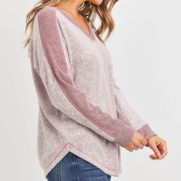 ❌DONATED❌Cherish Burgundy Contrast Long Sleeve Brushed Knit Top - Picture 3 of 10